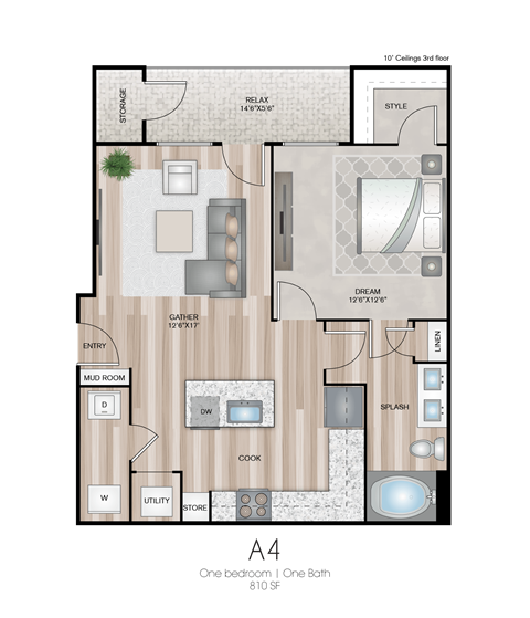 Floor plan for 1 bed, 1 bath, 810 sqft